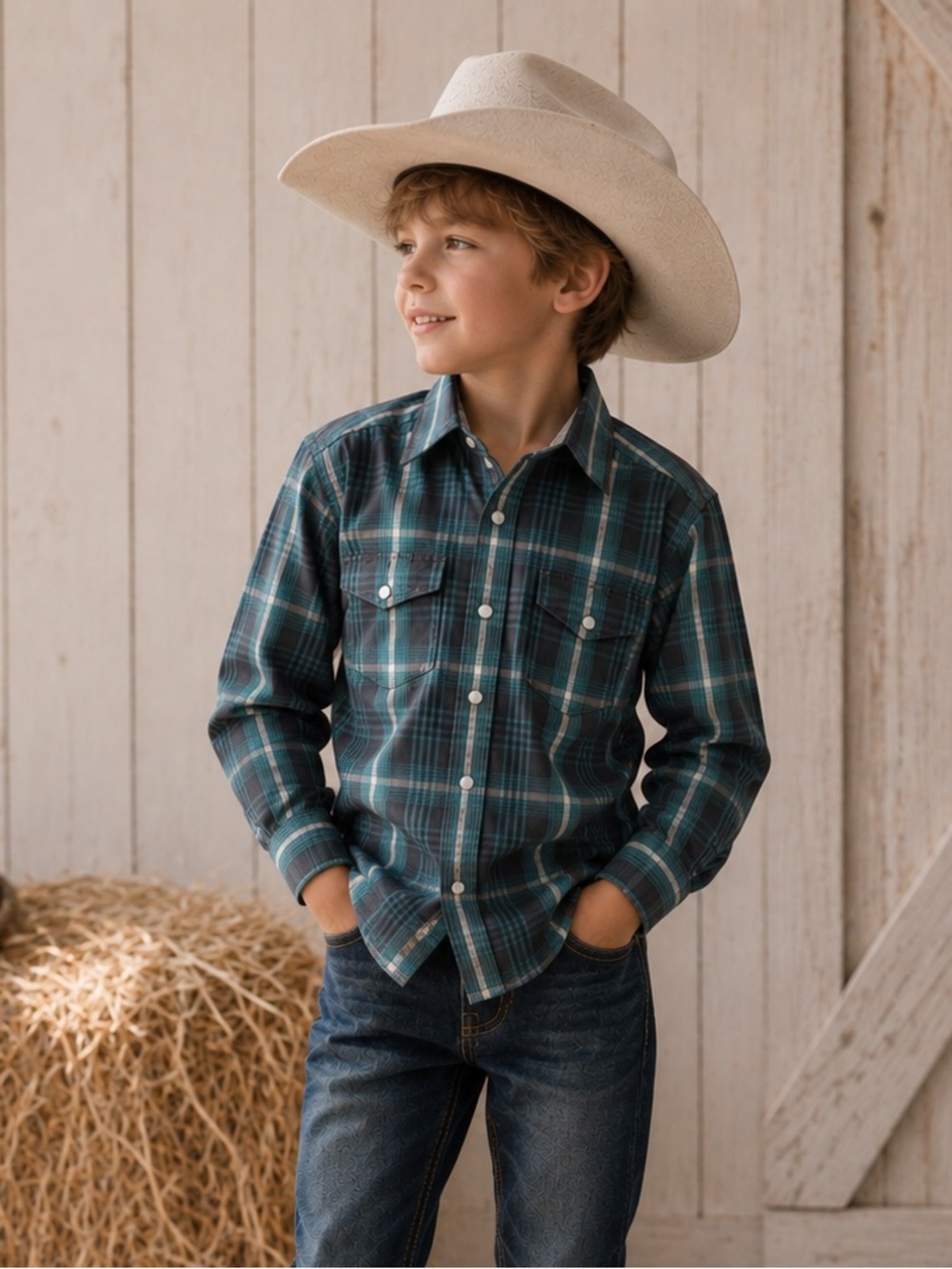 Panhandle Boys Western Pearl Snap Plaid Buttons Shirt Teal Size S/6